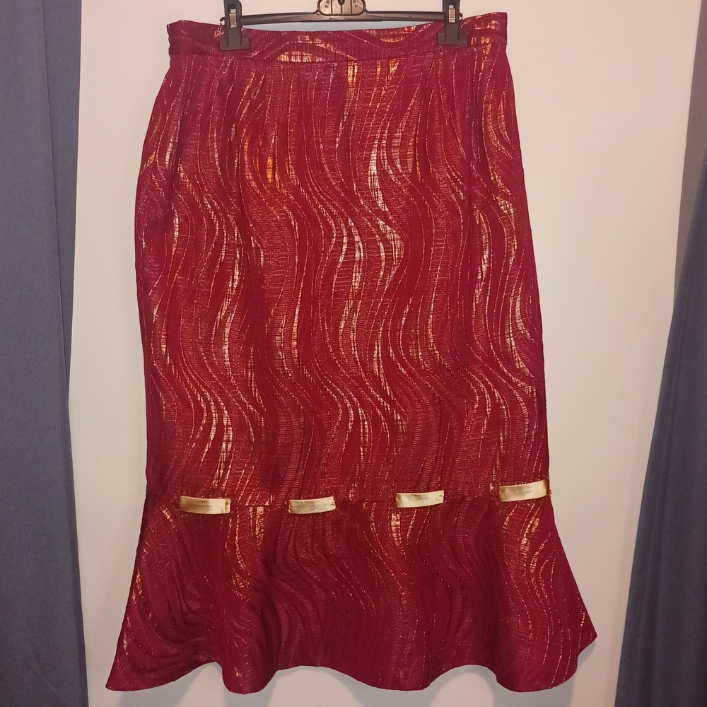 Vintage G.O.S.P.E.L. Michael Jackson Red Gold Metallic Jacquard Skirt Suit  14W - Picture 10 of 16
